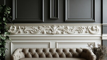 Poster - Soft ivory panelled wall background with elegant moulding details adding a subtle and refined look perfect for French country or classic traditional interiors