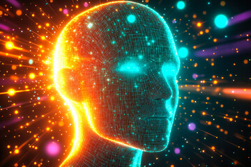 Poster - An abstract head with swirling luminous grid patterns, illustrating the fusion of technology and imagination in modern art.