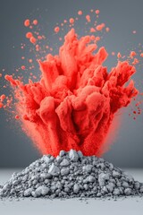 Poster - Vibrant red powder explosion against a neutral background, showcasing dynamic motion and energy. Perfect for creative projects and abstract designs.