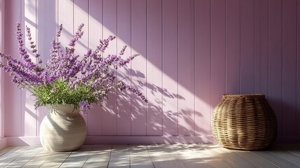Poster - Soft lavender panelled wall background with subtle horizontal lines giving a gentle and relaxing vibe ideal for nurseries or tranquil bedroom spaces