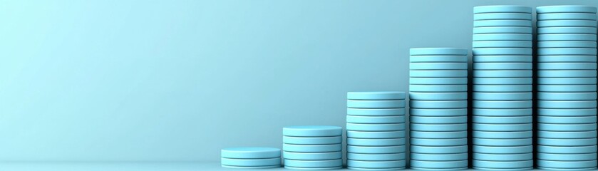 Poster - A visually striking representation of increasing coin stacks on a soft blue background, symbolizing growth and financial success.