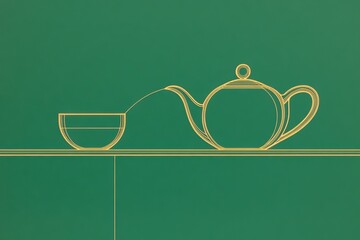 Poster - The illustration features a simple line drawing of a teapot pouring into a cup, set against a calming green backdrop, creating a relaxing atmosphere. Generative AI
