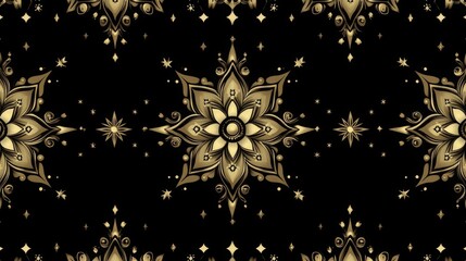 Poster - Intricate repeating design of golden stars and ornaments on a rich black background