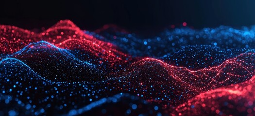 Poster - Vibrant abstract image showcasing waves of glowing particles in red and blue, creating a mesmerizing digital landscape with depth and movement.