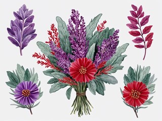 Wall Mural - Purple and red Mexican sage bouquet hand drawn painted painting illustration on plain white background