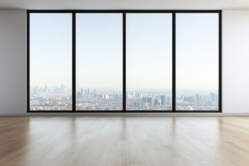 Poster - spacious empty room with large windows showcasing a vibrant city skyline view, perfect for modern li