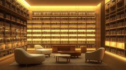 Wall Mural - A modern library with sleek lines, minimalist furniture, and books arranged artistically, paired with warm lighting that enhances the spacea??s cozy feel.