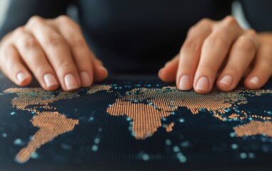 Poster - a close-up view of hands hovering over a digital world map, representing global connectivity and tec