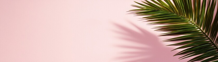 Poster - A vibrant green palm leaf casting a shadow on a soft pink background, perfect for tropical themes and modern decor. Ideal for creative projects.