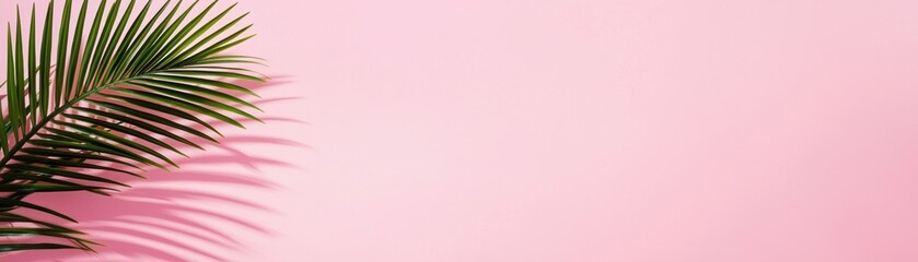 Poster - A vibrant green palm leaf casting shadows on a soft pink background, perfect for tropical, summer, or nature-themed designs.
