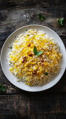 Canvas Print - Saffron rice with peanuts and herbs is served on a white plate on a rustic wooden table