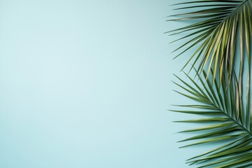 Poster - Vibrant green palm leaves contrasting against a soft blue background, perfect for tropical themes and nature-inspired designs.