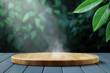 Poster - A serene wooden platform set against a lush green backdrop, perfect for showcasing products or presentations in a natural environment.