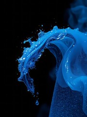 vibrant blue liquid splash, dynamic water sculpture, high-speed photography, black background, frozen motion, abstract fluid art, macro detail, droplets, glossy surface, elegant curves, minimalist com