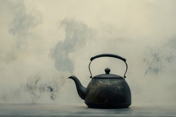 Aufkleber - A kettle emits thin steam against a light, muted background, suggesting warmth and the anticipation of brewed tea. Generative AI