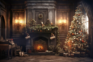 The picture creates a warm and cozy atmosphere with a fireplace. It's a place where people can come together and celebrate Christmas together by the Christmas tree with presents.