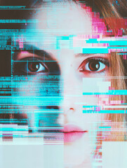 Poster - A human face fused with glitchy digital effects, symbolizing the integration of technology in modern human identity.