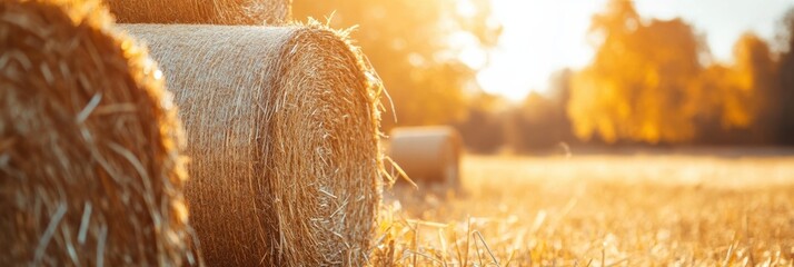 Poster - Stacks of golden hay bask in the sunlight, surrounded by vibrant fall foliage, capturing the essence of autumn's harvest. Generative AI