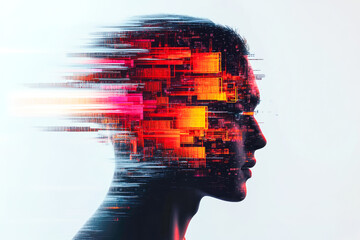 Poster - A futuristic digital head with a red glow and abstract patterns highlights the concept of human-machine integration.