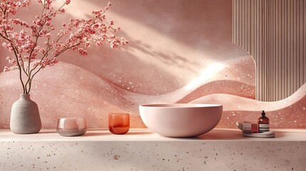 Poster - Soft pink tech wall with minimalistic wavelike textures and a matte finish creating a sleek contemporary look ideal for chic and hightech interiors