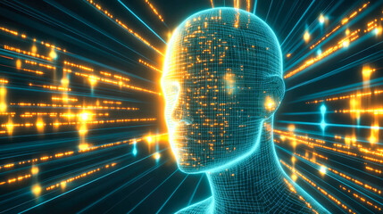 Poster - A futuristic digital human head made of glowing grids and rays symbolizing innovation and the future in neon tones.
