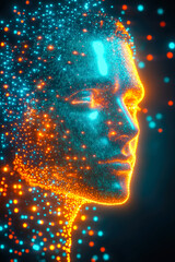 Poster - A digital face composed of glowing particles, representing technology and artificial intelligence in vibrant colors.
