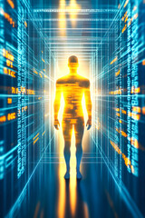 Poster - A human silhouette stands amidst a glowing digital corridor filled with binary code symbolizing technology and future concepts.