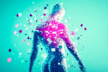 Poster - A digital humanoid figure stands amid a burst of vibrant pixels, illustrating the blend of human and digital realms in art.