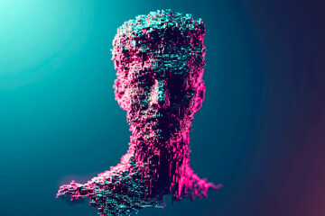 Poster - A realistic 3D face crafted from pink and blue pixels, exhibiting modern artistic style and technological themes of futurism.
