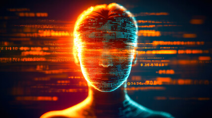 Poster - A face composed of digital code and glowing patterns represents technological advancement and the blending of human and AI.