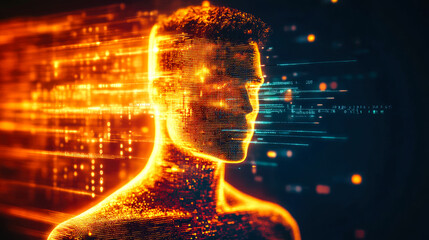 Poster - A silhouette composed of luminous digital elements moving through a virtual space, showcasing advancement and human evolution.