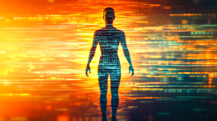 Poster - A dynamic silhouette in a glowing digital environment representing technological progress and human presence in the abstract realm.