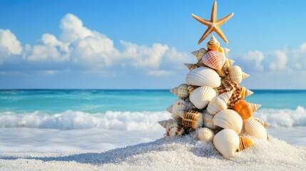 Poster - Delicate seashells and starfish forming a miniature Christmas tree, set against white sand and a calm turquoise ocean.