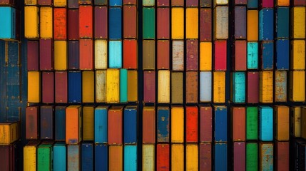 Drone shot of shipping containers in neat rows at a port, international freight management 