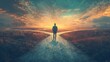 © Jhon - A person standing at a crossroads with infinite paths ahead, the horizon aglow, symbolizing endless possibilities and free will. High quality illustration