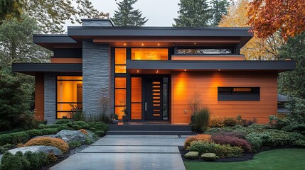 Poster - Stunning modern front door with sleek lines and vibrant color framed by elegant landscaping creating an inviting entrance that makes a memorable first impression of the home