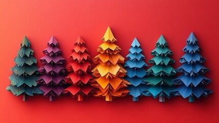 Poster - Colorful layered geometric triangles resembling vibrant paper trees on a red background
