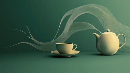 Poster - Delicate teapot and cup are illustrated on a green background, evoking a calming atmosphere perfect for enjoying tea. Generative AI