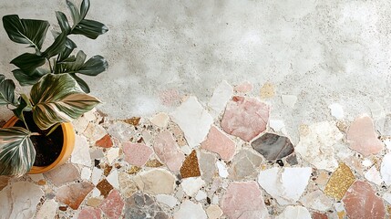Poster - Stunning terrazzo marble flooring pattern filled with intricate details in shades of soft pink cream and gold combined with a rustic concrete wall for a vintage feel