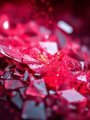 Shattered glass pieces glimmer under red light with sparks of dust in the air glitter dust particle Ultra realistic 