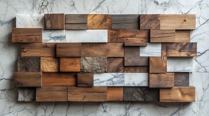 Poster - Stunning wall featuring layered wooden panels with varying finishes paired with white marble creating a fresh and airy atmosphere ideal for modern living spaces