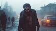 © Kenny Parker - Realistic zombie with rotting flesh and torn clothes walking down a foggy street at dawn