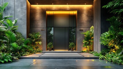 Poster - Stylish front door in a sleek glass and metal design set against a backdrop of minimalist architecture and green plants providing a chic and contemporary first impression of the home