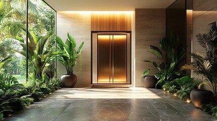 Poster - Stylish front door in a sleek glass and metal design set against a backdrop of minimalist architecture and green plants providing a chic and contemporary first impression of the home