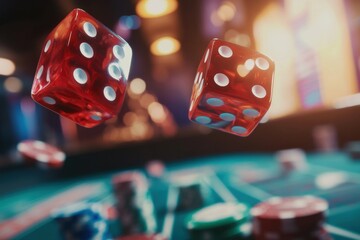 Poster - The red dice are mid-air above a craps table filled with colorful chips, capturing the excitement of a casino game at night. Generative AI