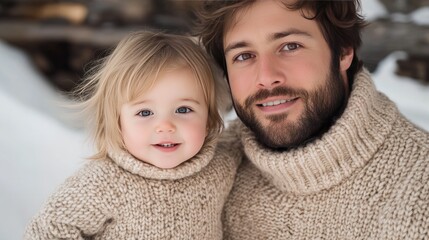 A cheerful father and his young daughter beam as they embrace, wearing matching beige turtlenecks in a warmly lit indoor setting