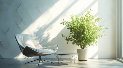 Poster - Stylish loft living room featuring an indoor plant on a sleek steel coffee table paired with a modern armchair against a white triangle pattern wall creating a serene and relaxing atmosphere