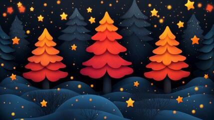 Poster - Colorful neon shapes form a vibrant scene of stylized trees and stars on a dark background