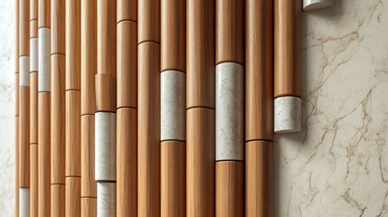 Poster - Stylish wall design featuring a rhythmic arrangement of vertically aligned wooden panels interspersed with smooth lightcolored marble accents creating an eyecatching modern aesthetic