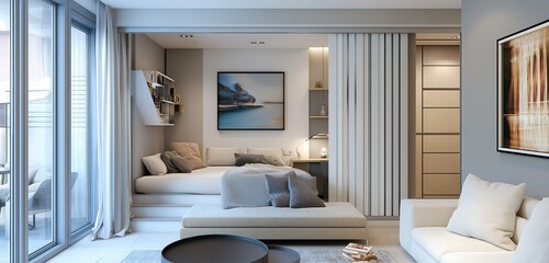 Wall Mural - A sophisticated small apartment with a clever design that includes a sliding partition to separate the sleeping area, along with modern furnishings and stylish decor.